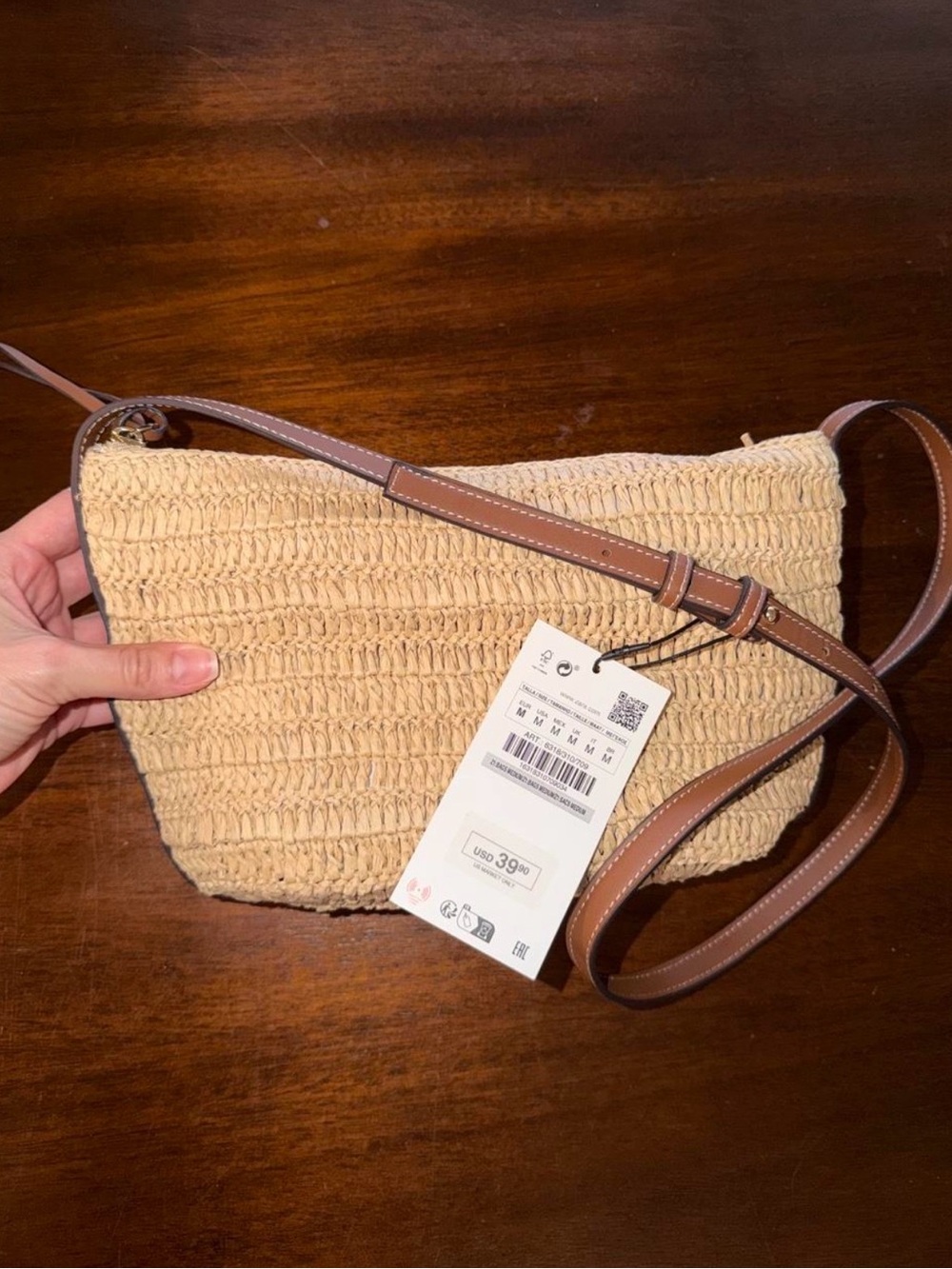 Woven Straw Crossbody Bag with Brown Leather Strap